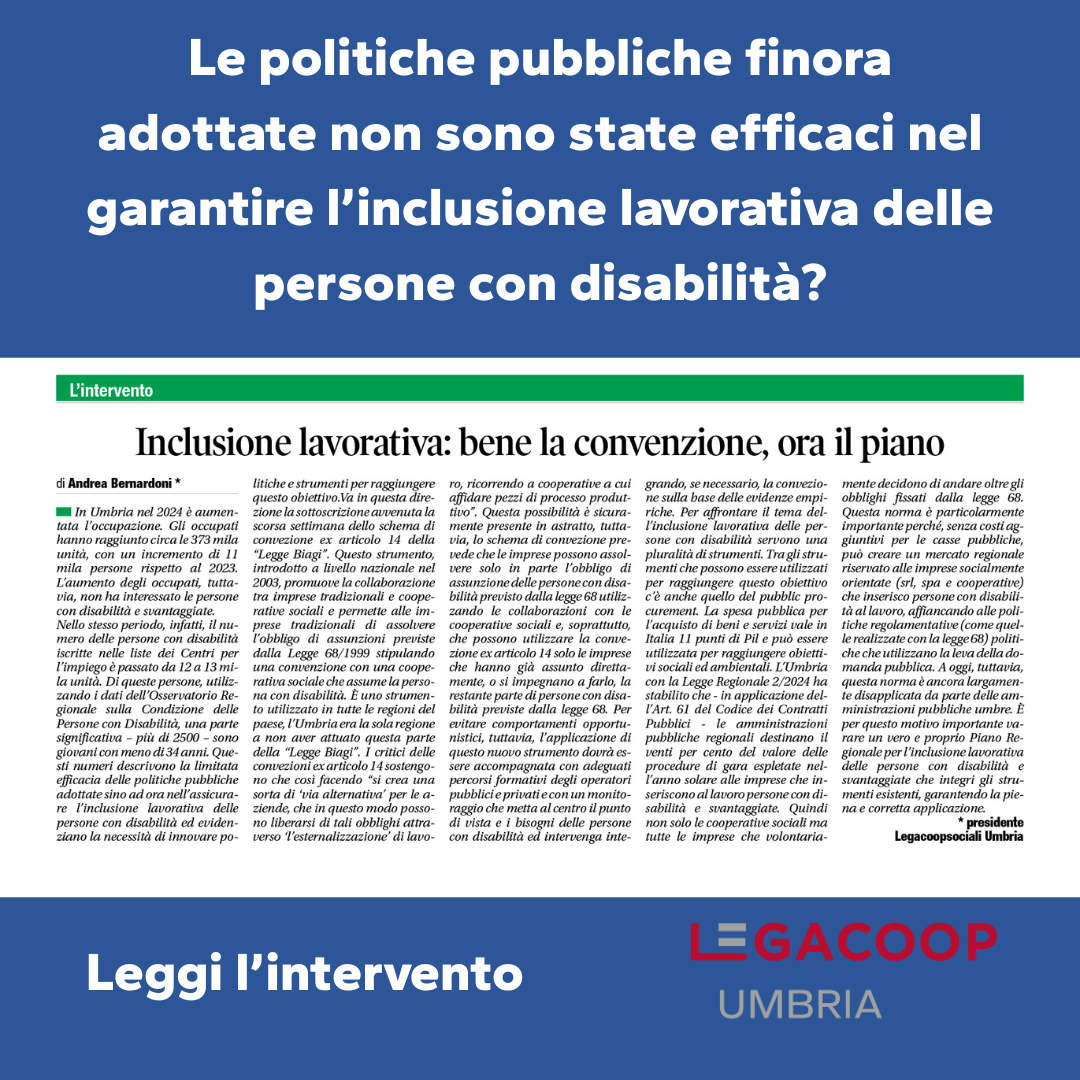 Inclusione lavorativa delle persone con disabilità e svantaggiate: positiva la convenzione sottoscritta, adesso serve un Piano Regionale