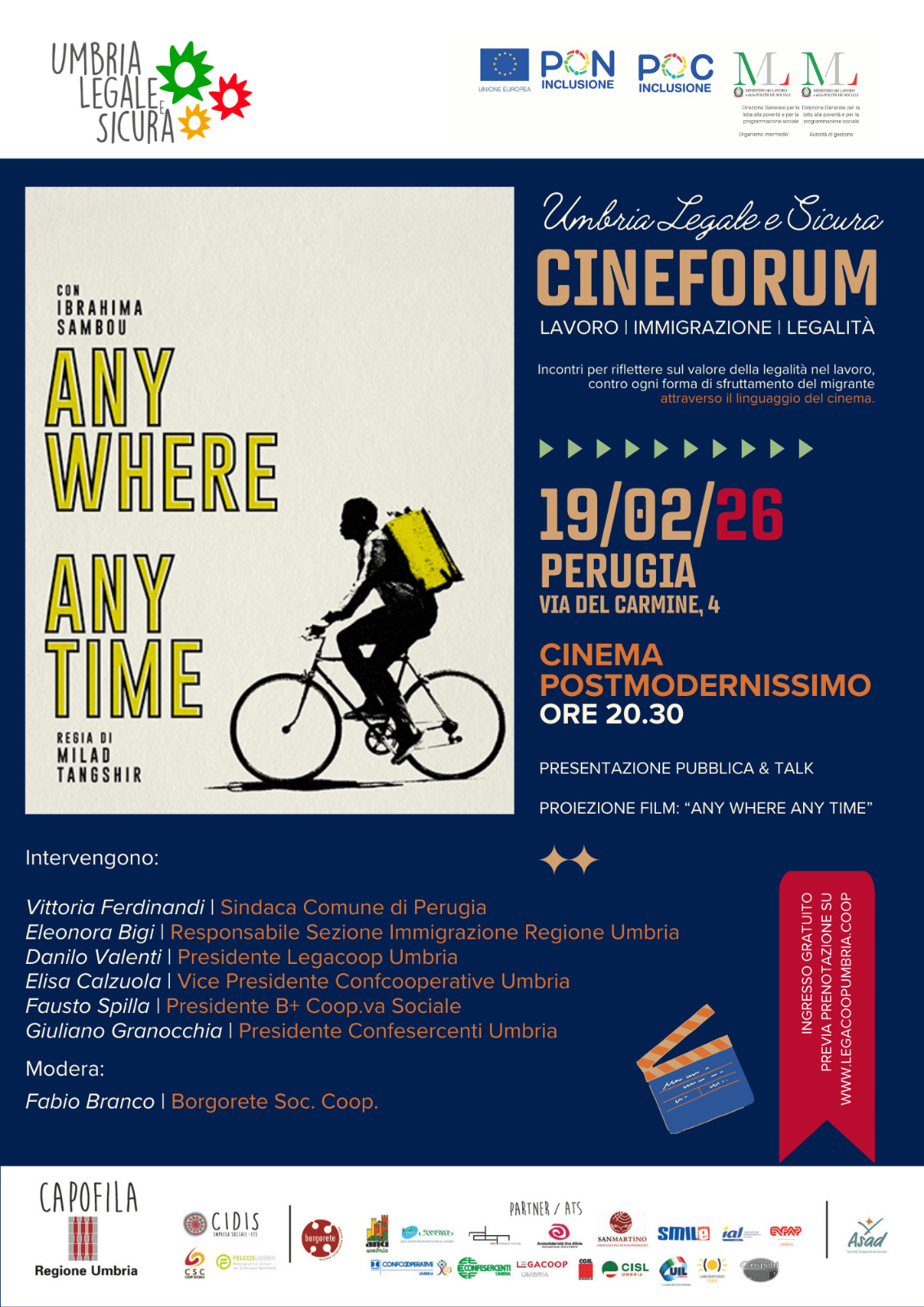 “Umbria Legale e Sicura” a Perugia la proiezione del film “Anywhere Anytime” di Milad Tangshir.